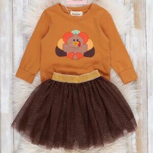 Turkey Embroidery Thanksgiving Outfit With Brown Shirt and Sparkled Tulle Skirt